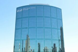 a tall glass building